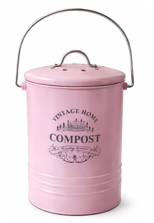 Vintage Home Compost Bin with Lid and Handle, Country Kitchen Style, Food Scrap Caddy, H22.5cm x 16.5cm Diameter (Pink)
