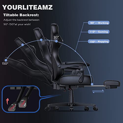 Gaming Chair For Adults Ergonomic Racing Style High Back Computer Chair With Footrest Headrest And Lumbar Support Pu Leather 90-150 Degree Tilt #TOP3