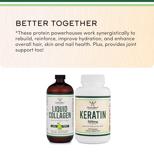 Double Wood Supplements Liquid Collagen - 2500mg of Hydrolyzed Bovine Collagen (Type 1, 3 and Grassfed) - 32 Servings - for Women and Men - 30 mcg of Biotin - Sugar Free Pear Flavor