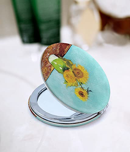 Wirester Set Of 2 Round Foldable Pu Leather Compact Pocket Purse Makeup Mirror, Dual Sided Travel Mirror With 2X 1X Magnification - Sunflowers Blue By Van Gogh, Claude Monet Water Lilies #TOP4