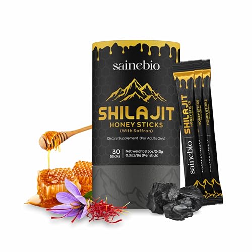 SAINEBIO Shilajit Honey Sticks (with Saffron) for Adults for Vitality Daily Performance & Metabolic Support 400mg Pure Shilajit Resin 2mg Saffron per 8g Stick 30 Count