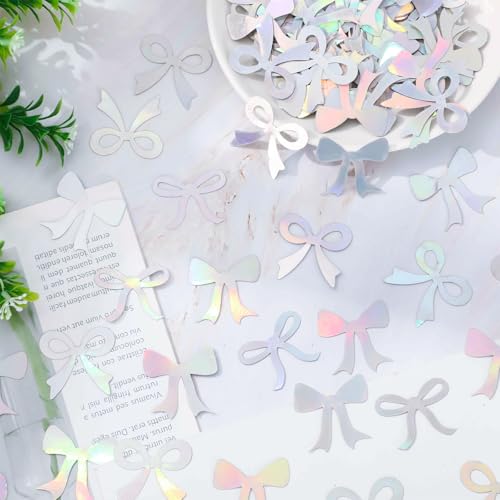 Image of Whaline Holographic Bow Table Confetti 300 Pcs Iridescent Bow Knot Shaped Table Centerpiece for Coquette Bachelorette Birthday Bridal Shower Party