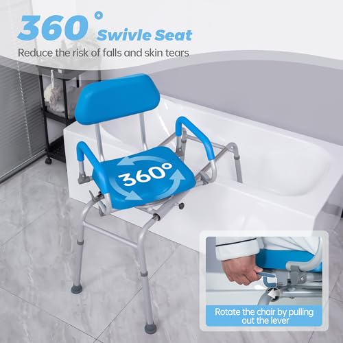 Helivora FSA/HSA Eligible Sliding Shower Chair Tub Transfer Bench with Swivel Seat, Rotating Bathtub Bench with Padded Seat and No-Slip Suction Cups for Elderly and Disabled
