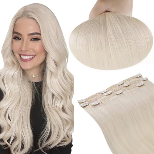 RUNATURE Human Hair Clip in Extensions Platinum Blonde Clip in Hair Extensions Real Human Hair Double Weft Full Ends Straight Clip in Hair Extensions Blonde Human Hair 12 Inch 50g/3pcs