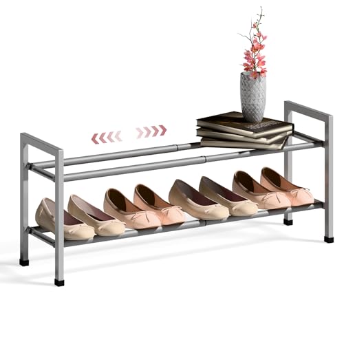 Image of Bumusty 2 Tier Expandable Shoe Rack for Closet, 18 inch-33 inch Adjustable Shoe Rack for Small Space, Small Shoe Organizer for Front Door, Sturdy Metal, Light Grey