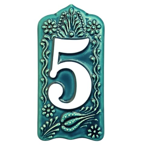 Handmade Ceramic House Number Tile – Custom Outdoor Address Sign – Turkish Iznik Art – Weatherproof Door Decor – 0 to 9 Digits (Green, 5)