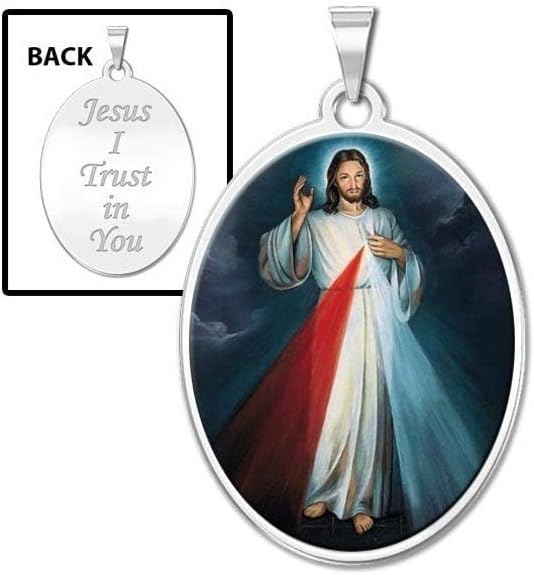 PicturesOnGold.com Divine Mercy Double Sided Oval Religious Medal Color Protection Jewelry Gifts for Men & Women - Available in Solid 14K Yellow or White Gold, or Sterling Silver