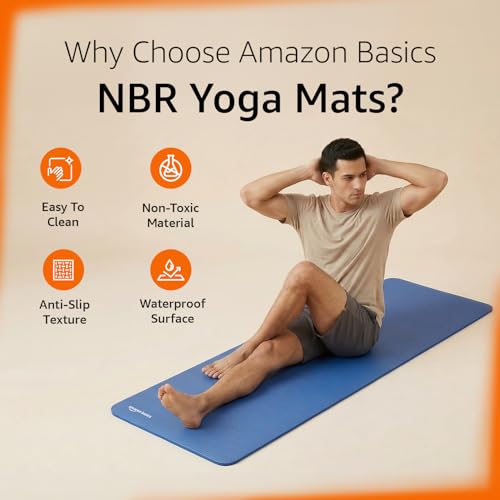 Image of Amazon Basics NBR Yoga & Exercise Mat with Carrying Strap | 15 mm Extra Thick Cushioned Support | Non-Slip Textured Surface | Durable & Comfortable Foam Rubber Material | Floor Protection | Ideal for Yoga, Pilates & Home Workouts | 183 x 61 cm | Blue