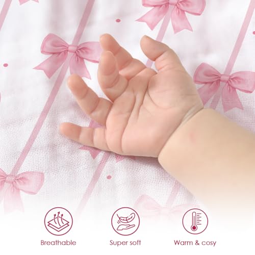 Image of SANDJEST Pink Bow Minky Muslin & Dotted Blanket 30x40 in Gift for Holiday, Gender Reveal Party, Hospital Visit, Baptism