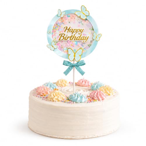 Image of Rozi Decoration Happy Birthday Cake Topper with Butterfly Theme | Cake Decoration with Stick | Pastel Green Theme Birthday Cake Accessory for Kids Party Pack of 1 Pcs