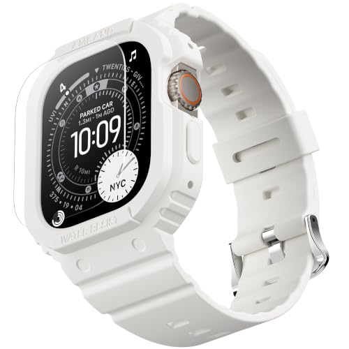 Image of amBand Rugged Band & Case Compatible with Apple Watch Ultra 3 /2 /1 49mm, Military Protective Bumper Cover & Soft Strap, with Screen Protector Kit, Compatible with iWatch Ultra, White - for Men Women
