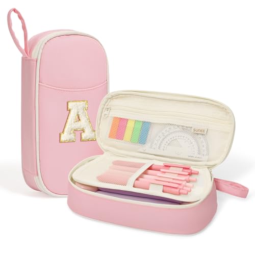 Image of SUNEE Cute Pencil Case, Kawaii Big Capacity Pencil Pouch, Personalized Initial Pencil Bag with Zipper, Stationery Storage and Organizer, Back to School Supplies, Pen Box for Girls & Boys, Teen, A-Pink