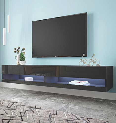 Borniboks Large Floating TV Stand Wall Mounted with LED Lights for 60 65 70 75 80 Inch TV Floating Entertainment Center with Shelves Floating TV Shelf for Under TV (Black for up to 80 Inch TV)