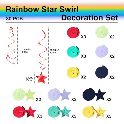 Image of Rainbow Star Hanging Swirl Decorations - 30 Pack Foil Ceiling Streamers with Die-Cut Stars for Birthday Party, Celebration, Baby Shower, Rainbow Theme Decor