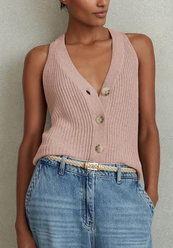 Image of Womens Button-Front Sweater Vest Top V Neck Sleeveless Knit Tank Fitted Halter Raceback Cardigan Vest
