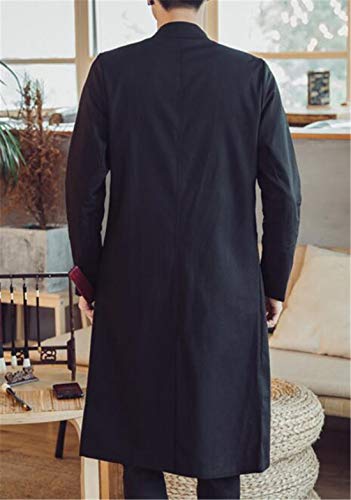 HZCX FASHION Men's Vintage Cotton Linen Stand Collar Frog-Button Trench Coats4