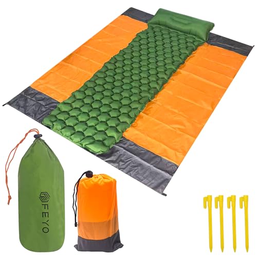 Feyo Matelas Gonflable 1 Place avec Tapis de Sol – Matelas Camping Léger et Compact pour Bivouac, Tente ou Voiture – Matelas de Camping 1 Personne Confortable avec Oreiller Intégré et Double Valve