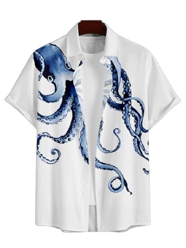 DRESSFO Couple Matching Hawaiian Outfits Gothic Octopus Print V Neck Spaghetti Strap Dress or Roll Up Sleeve Shirts Outfit2