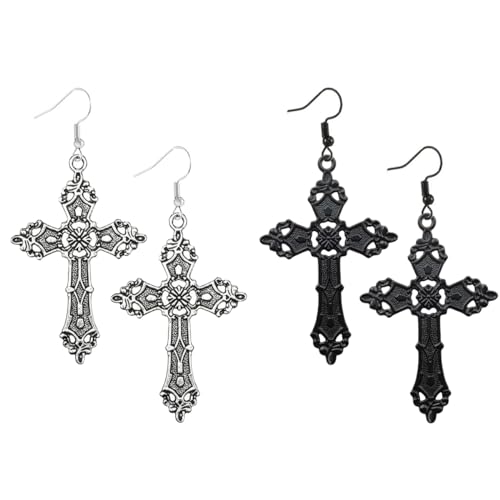 Kawailay 2 Paires de Boucles d'Oreilles Gothiques Croix Vintage Pendentif Rock Punk Croix Crochet - Argent Noir