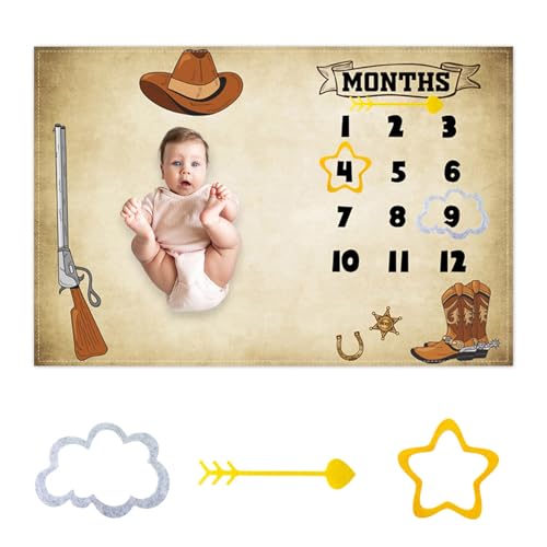 Image of CSFOTO Western Cowboy Baby Monthly Milestone Blanket for Boy Westworld Theme Decor Photography Background Newborn Growth Record Prop Blanket 60"x40" with Frames