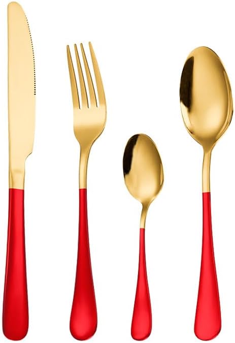 Silverware Flatware Set, 4/16/24/32/40/48 Piece Stainless Steel Steak Knives, Forks And Spoons Tableware Knives, Forks And Spoons Green Gold Knives, Forks And Spoons(Red Gold,24 Piece set f