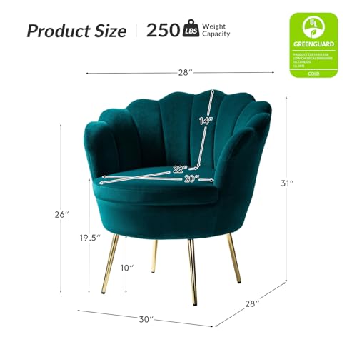 Image of HULALA HOME Modern Velvet Accent Chair with Shell Shaped Back, Cute Living Room Bedroom Armchair Sofa Chair with Gold Legs, Comfy Upholstered Vanity Chair for Makeup Room, Blue