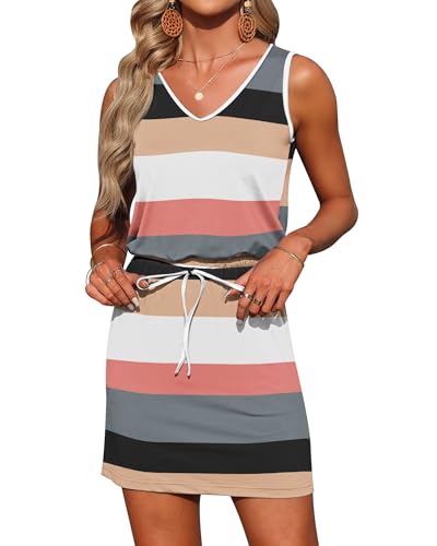 Image of AUSELILY Womens Summer Sleeveless V-Neck Drawstring Waist Beach Cover up Mini Short Swing Dresses with Pockets