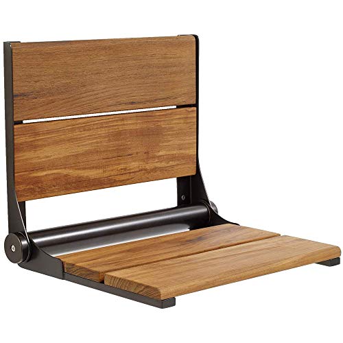 GBS Contour Folding Shower Seat - Wall Mount Chair in Natural Teakwood/Easy to Fold Up & Fold Down/Seniors & Disabled/Bathroom Safety Aid/ADA Compliant/Stainless Steel/Old World Bronze/18 x 16"