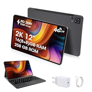 CWOWDEFU Android-tablet, 12 inch 4G LTE-tablet, toetsenbordhoes geleverd met 256 GB ROM, PD 20W 8000mAh-batterij, 2K-scherm, 16 (8+8) GB RAM, volledig metalen behuizing