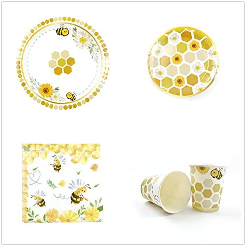 KYMY 112pcs Bee Party DecorationsSunflower Bee Party SuppliesBee Sunflower Tableware Set with Bee PlatesBee NapkinsBee Cups