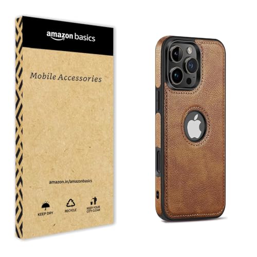 Image of amazon basics Genuine Leather Finish iPhone 16 Pro Back Cover Case | Raised Edges for Camera & Screen Protection | Back Case Cover for iPhone 16 Pro (Brown)