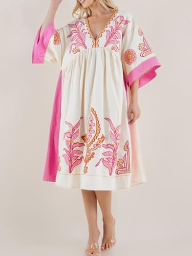 Image of Joiemont Womens Oversized Floral Embroidered Long Dress with V-Neck and 3 /4 Sleeves Vintage Embroidery Babydoll Dress
