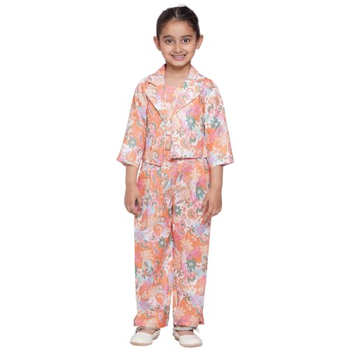 Image of AJ DEZINES Kids Casual Wear Printed Cotton Top Pant and Jacket Clothing Set for Girls
