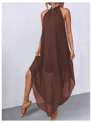 Image of Verdusa Women's Wedding Guest Dress Halter Flowy Chiffon Long Dresses | Cocktail Dress, Asymmetrical Dress for Women, Sleeveless, Prom Dress, Cruise Outfits, Boho