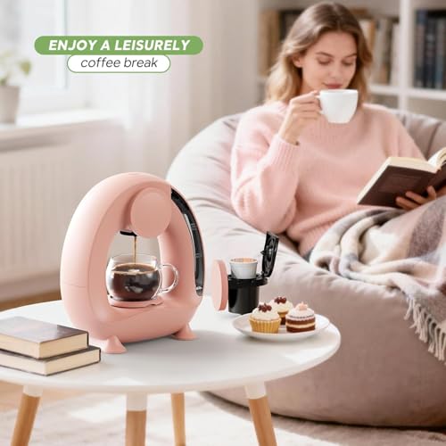 Image of Premium 2-in-1 Single Serve Coffee Maker - Compact One Cup Coffee Machine Compatible with Pods & Ground Coffee, Quick Brew Technology, Sleek Space-Saving Design for Home & Office (1 Pc) (Pink)