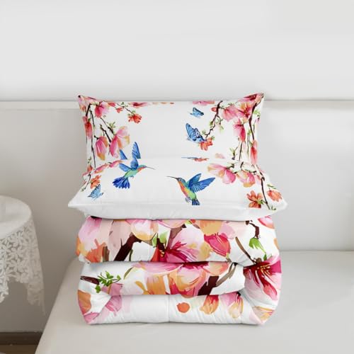 Image of Feelyou Hummingbird Floral Botanical Comforter Set King Size Kids Boys | Nature Butterfly Beautiful Colorful Breathable Duvet Set Quilt Set Room Decor Warm Cozy Lightweight All Season
