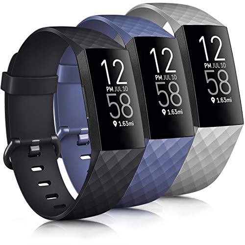 Tobfit Band Compatible with Fitbit Charge 4 Bands & Fitbit Charge 3 Bands, Classic Sport Wristbands Accessory Small Large Adjustable Replacement Strap for Fitbit Charge 4 & Fitbit Charge 3 & Fibit Charge 3 SE Fitness Tracker (3 PCS-05 Black+Navy blue+Grey, Large)