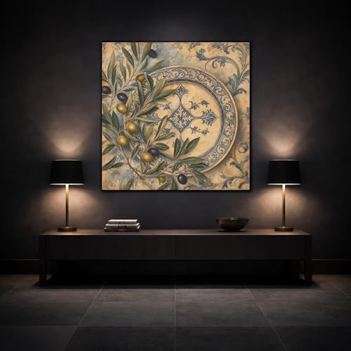 Toile branches d'olivier vintage bleue petit tableau mural carré - 3