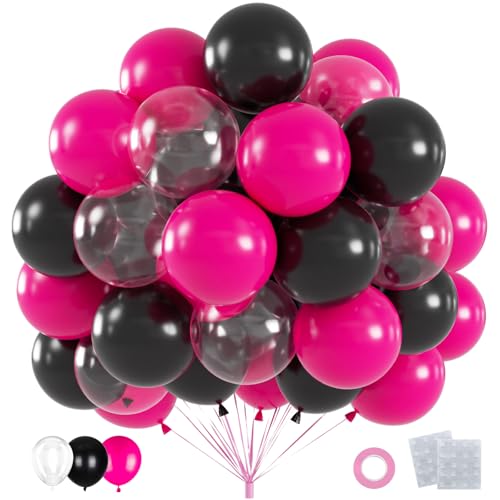 60pcs Hot Pink Black Clear Balloons Kit 12 Inch Gothic Glam & Princess Theme Party Balloons for Birthday Graduation Halloween Mothers Day & Boho Chic Events Decorations
