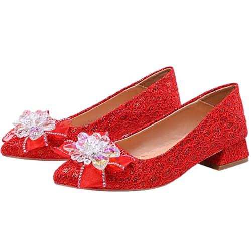 Women's Pointed Toe Rhinestone Bow Silk Low Heel Pumps Luxurious Crystal Comfortable Block Heel Slip-On Wedding Formal Work Shoes