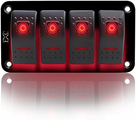 FXC Rocker Switch Aluminum Panel 4 Gang Toggle Switches Dash 5 Pin ON/Off 2 LED Backlit for Boat Car Marine Red