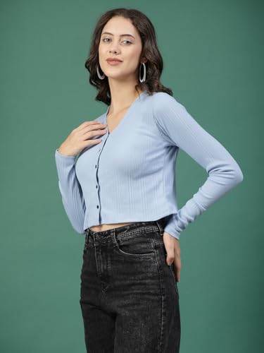 Image of Rigo Casual Wear V Neck Rib Knit Top for Women | Slim Fit Long Sleeves Western Tops for Women