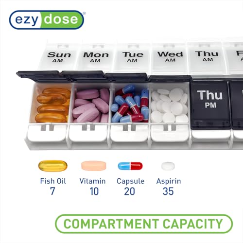 Image of Ezy Dose Weekly (7-Day) AM /PM Pill Organizer, X-Large Case, Black /White | Daily Vitamin Box & Supplement Planner, 2 Times a Day Push Button Compartments, Arthritis-Friendly, Travel-Friendly, BPA-Free