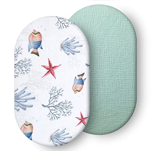 Image of Ultra Soft Muslin Bassinet Sheet for Baby Girl and Boy,Breathable Organic Cotton Bassinet Sheets Fitted for 30’’x16’’ Standard Bassinet (Sea World Pattern)