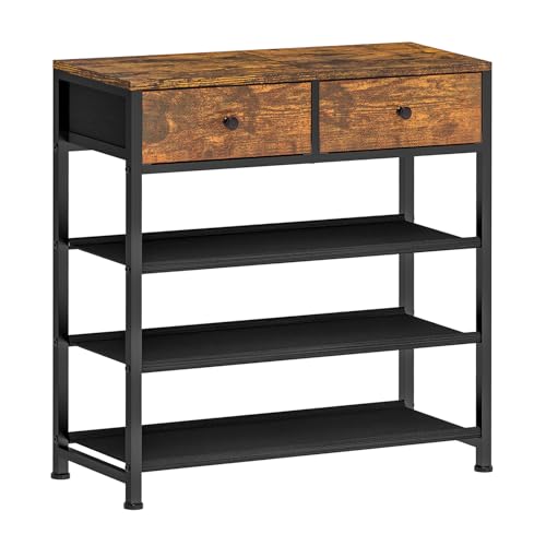 usikey Shoe Rack, 4 Tier Shoe Storage Organizer with 2 Drawers, Metal Shoe Shelf for 9-12 Pairs of Shoes, with 3 Fabric Shelves and Wooden Top, Shoe Stand for Closet Entryway, Rustic Brown YXJX012F