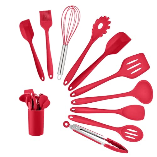 Silicone Kitchenware Tool Set - Cooking Baking Mixing – Cooking Utensil with Holder – Multipurpose – Cost-Effective for Home, Restaurant, Hotel, Farm-House and More – Modern – Pack of 11 (Red)