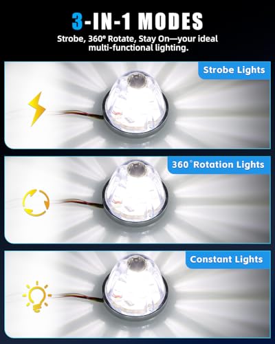 Image of Ultra-Bright 3 Function 360 Rotation Strobe Watermelon Lights for Semi Truck, [3 Lighting Modes] Clear ABS Lens White LED Side Marker Signal Lights for Kenworth Peterbilt Freightliner, 2 PCS