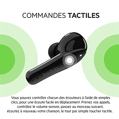 Belkin Écouteurs sans fil SOUNDFORM Move (True Wireless, Bluetooth, commande tactile, certification IPX5, basses profondes, pour iPhone, Android, etc.)