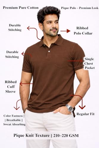 Image of Premium Pique Cotton Pocket Polo T-Shirt for Men | 210-220 GSM | Regular Fit | 2-Button Placket | Soft Breathable Fabric | XS-3XL