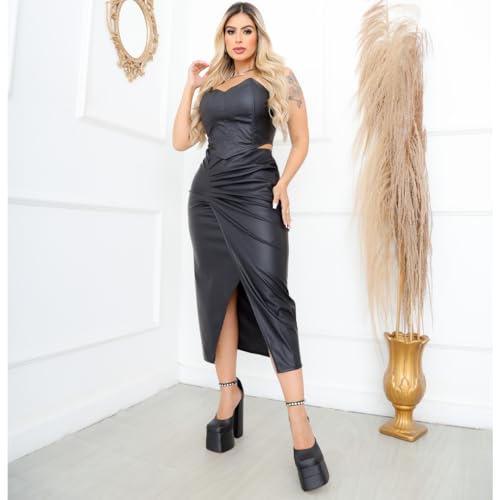 Saia Midi Couro Transpassada Feminina Fenda Ziper Courino (BR, Alfa, G, Regular, Regular, Padrão, Pr